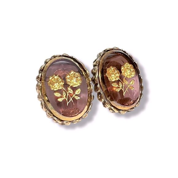 Vintage Whiting & Davis Floral Intaglio Clip Earrings - Picture 3 of 8